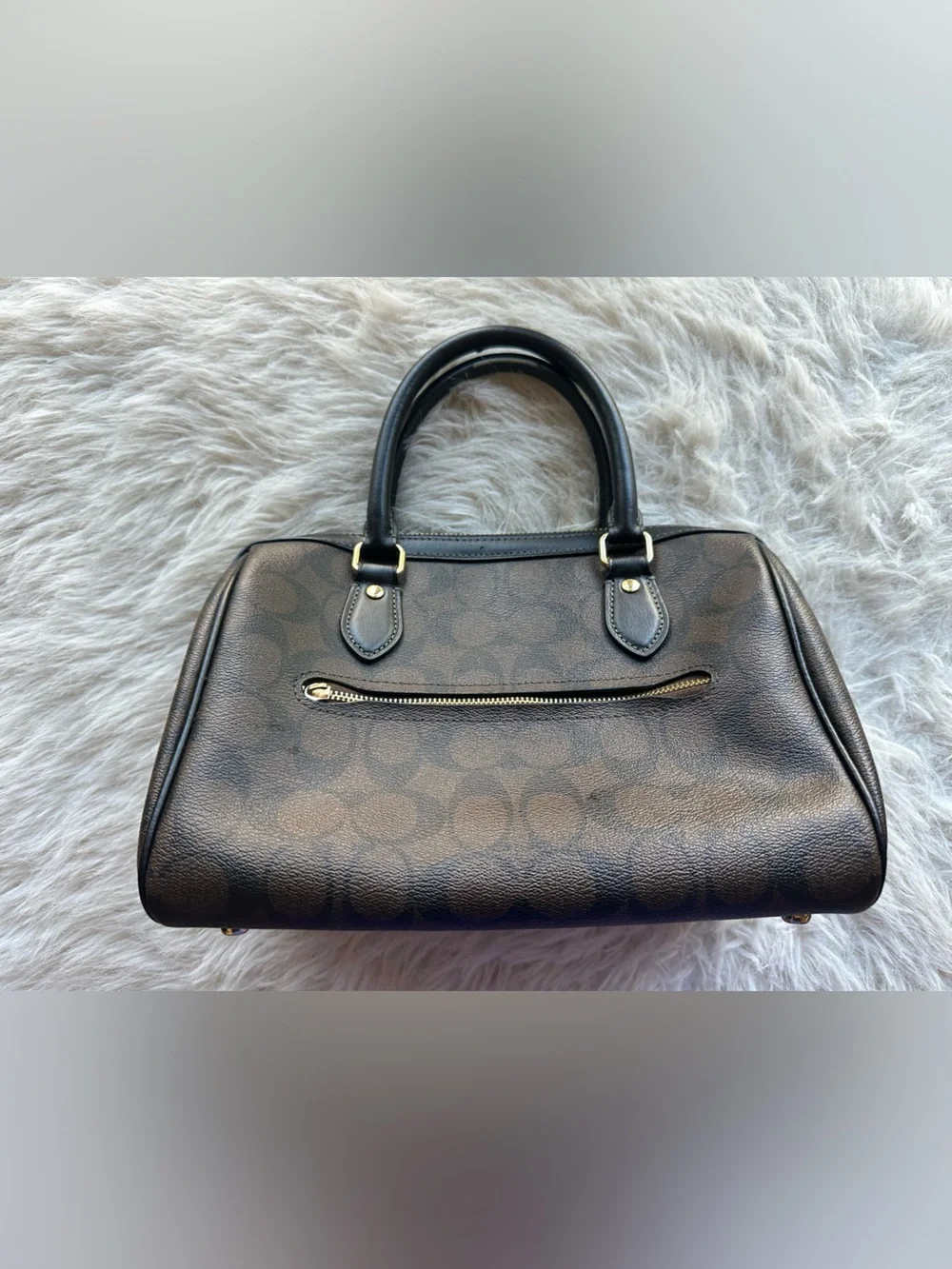 Coach signature Rowan Black Brown Mini Satchel with Gold Logo missing strap